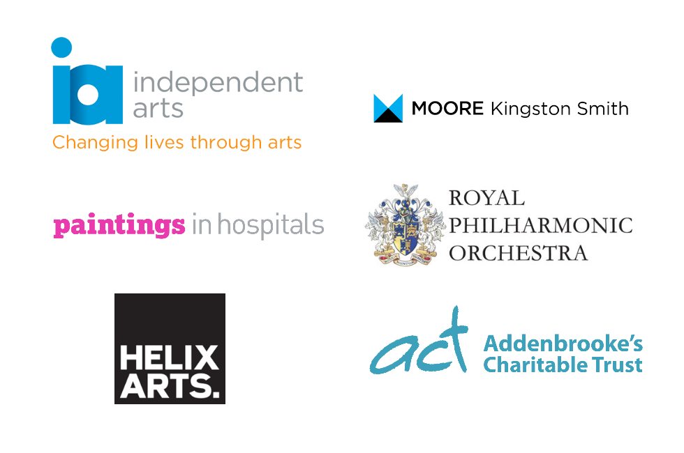 Collection of logos: – Independent Arts – Paintings in Hospitals – Helix Arts – Moore Kingston Smith – Royal Philharmonic Orchestra – Addenbrooke's Charitable Trust