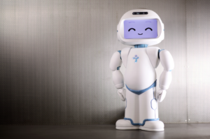 Robot standing up and smiling