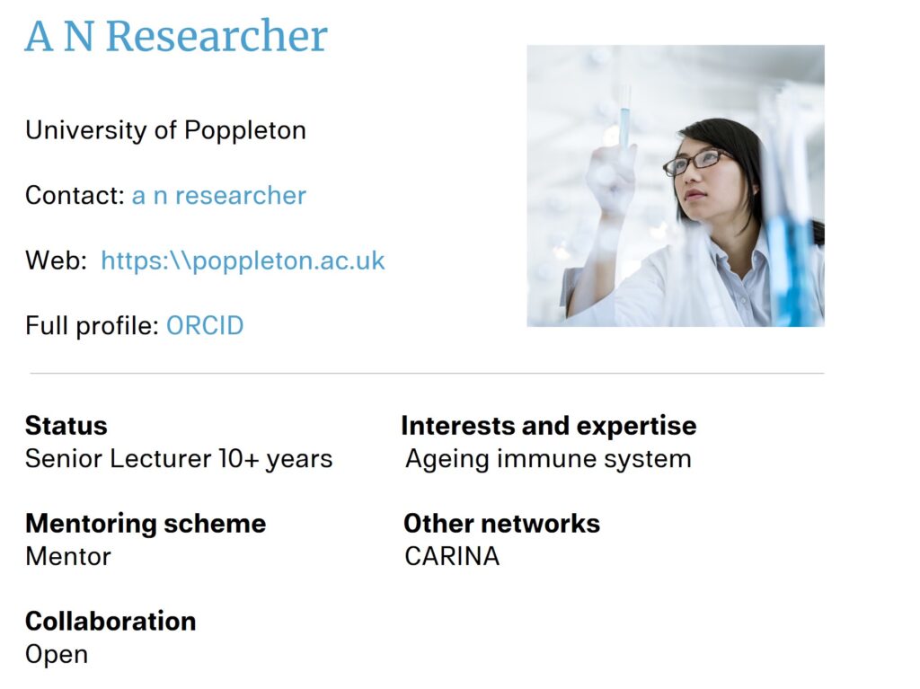 Example profile image featuring name, organisation, website link, ORCiD profile and professional information.